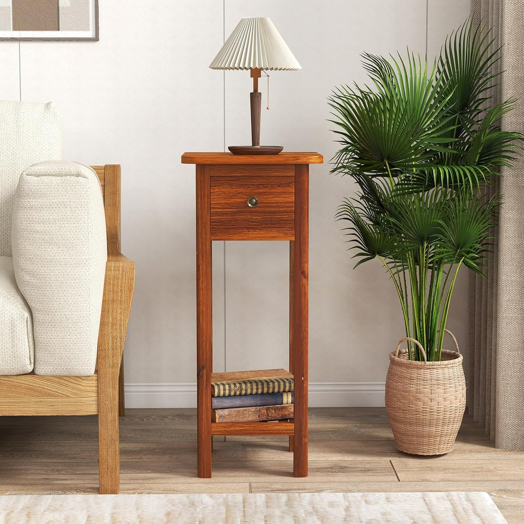 Giantex Tall End Table Set of 2, Narrow Side Table with Drawer and Shelf, Acacia Wood Nightstand for Living Room, 2-Tier Bedside Table for Small Space, No Assembly, Rustic Brown