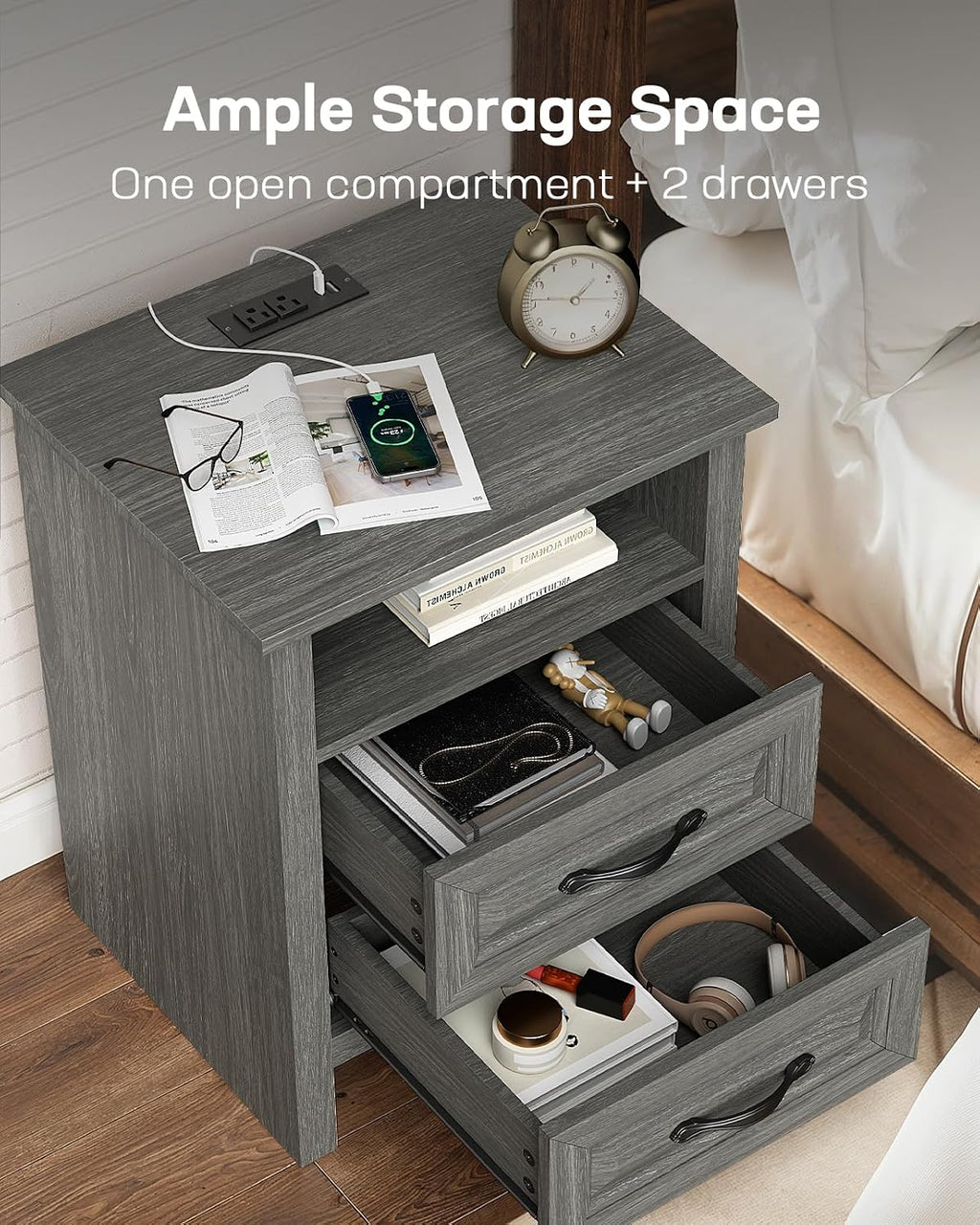 Marsail Nightstand for Bedroom, Night Stand with Charging Station, Bedside Table with 2 Drawers & Open Shelf, Farmhouse End Table Storage Cabinet, Gray