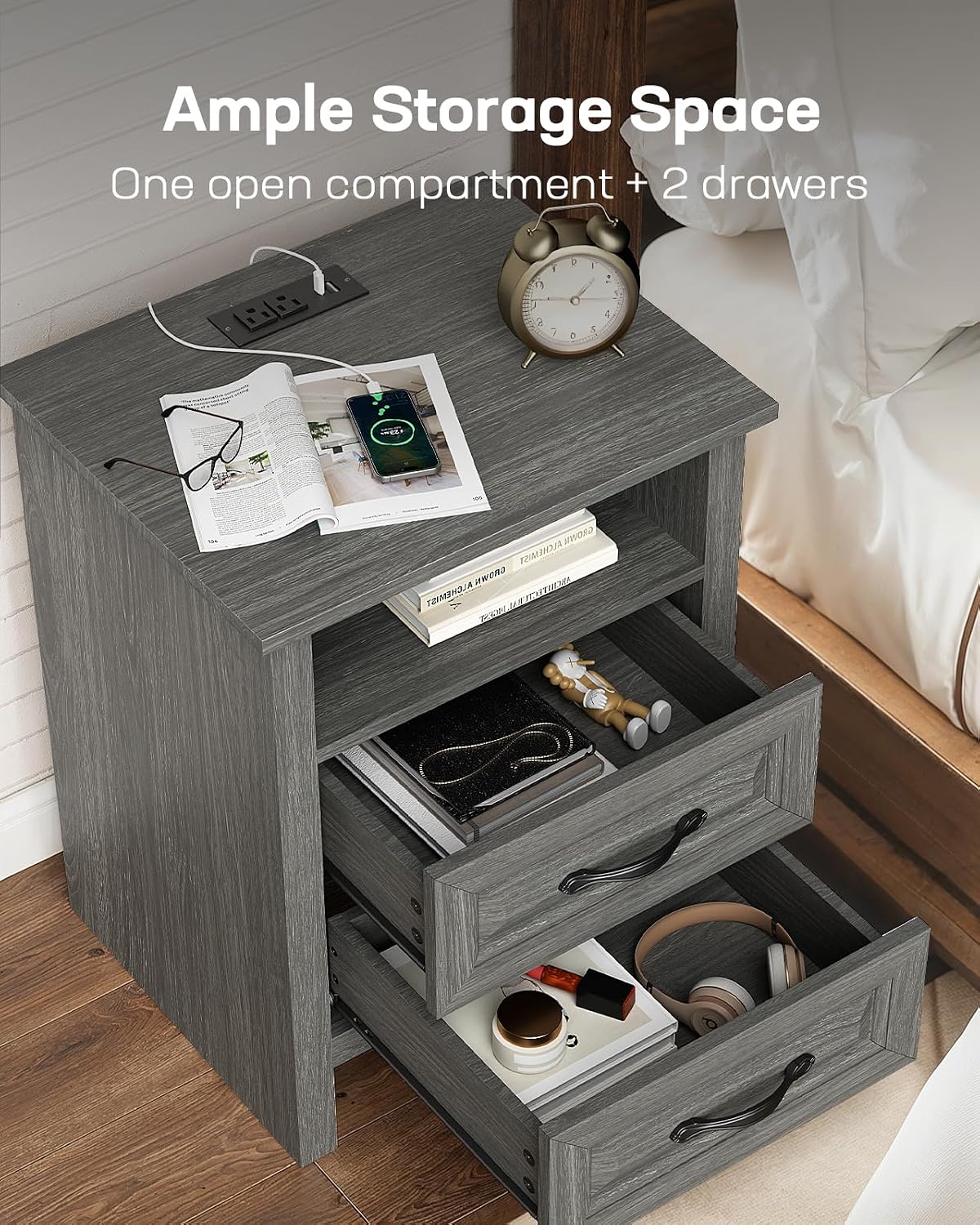 Marsail Nightstand for Bedroom, Night Stand with Charging Station, Bedside Table with 2 Drawers & Open Shelf, Farmhouse End Table Storage Cabinet, Gray