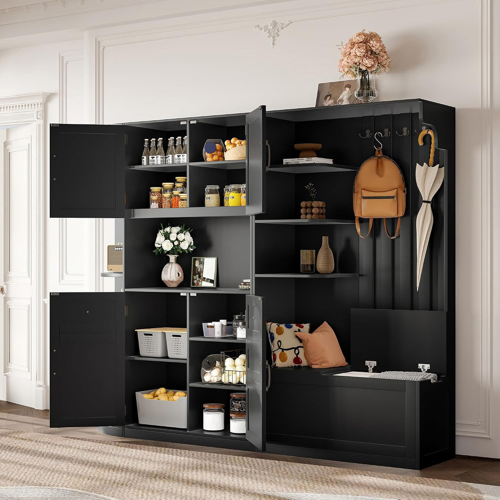 Multifunctional Hall Tree with Shoe Bench & Storage Cabinet,2-in-1 Left-Right L-Shaped Corner Entryway Cabinets with Coat Rack & Open Shelves,Modern Storage Organizer for,Living Room (Black)
