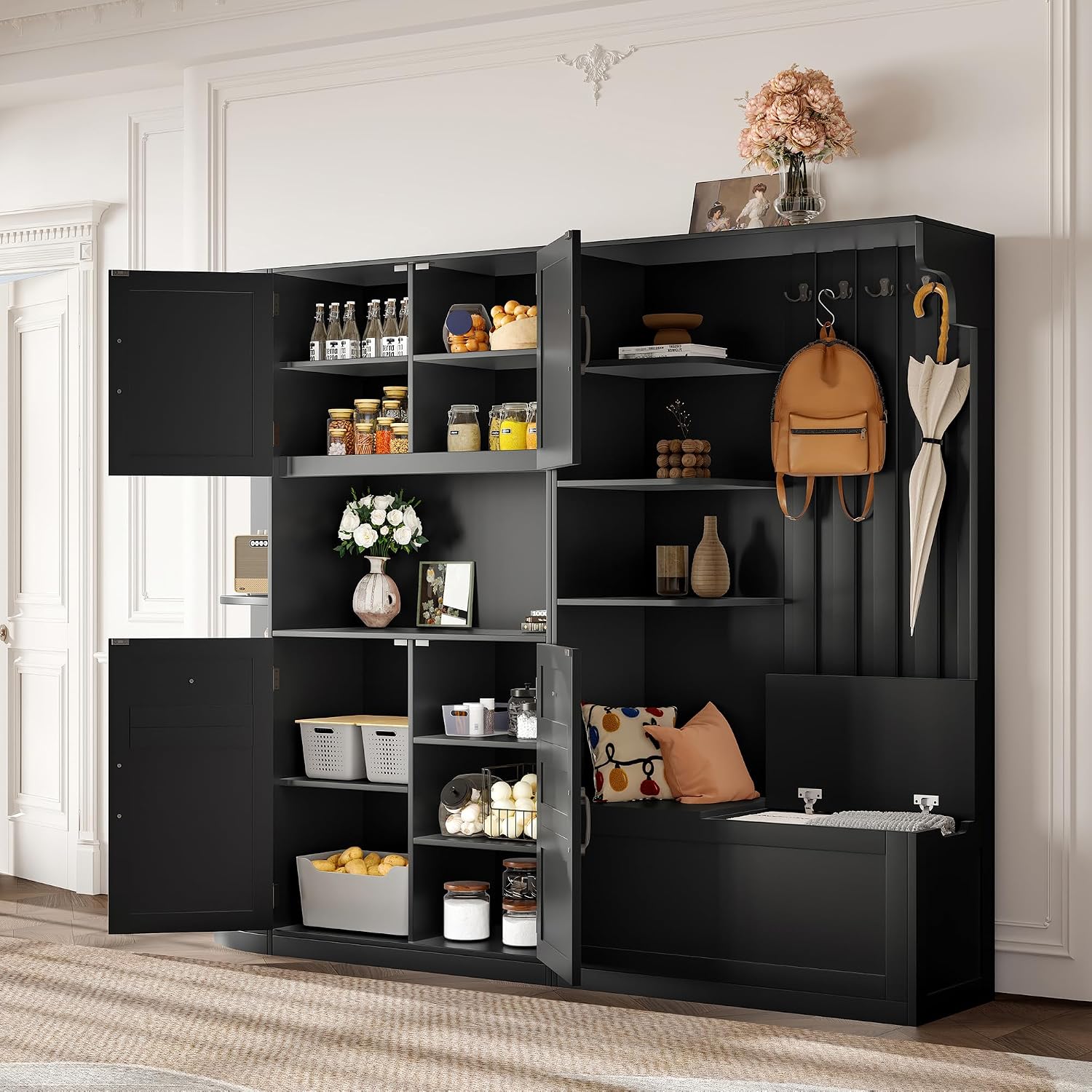 Multifunctional Hall Tree with Shoe Bench & Storage Cabinet,2-in-1 Left-Right L-Shaped Corner Entryway Cabinets with Coat Rack & Open Shelves,Modern Storage Organizer for,Living Room (Black)
