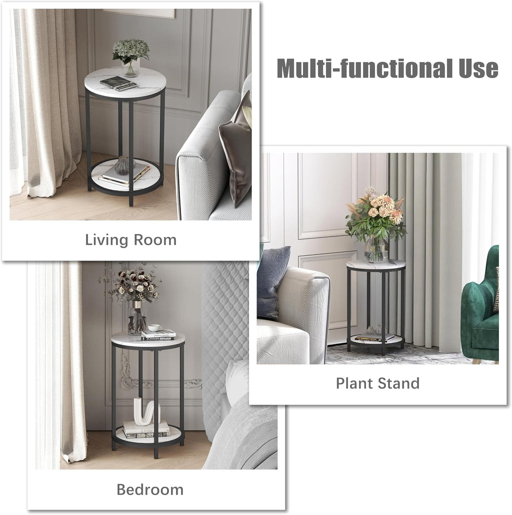WiberWi Round Side Table Set of 2, Modern Nightstand End Table with Metal Frame &Faux Marble Top, Accent Bedside Table for Living Room Bedroom Small Spaces with Storage Open Shelf,White