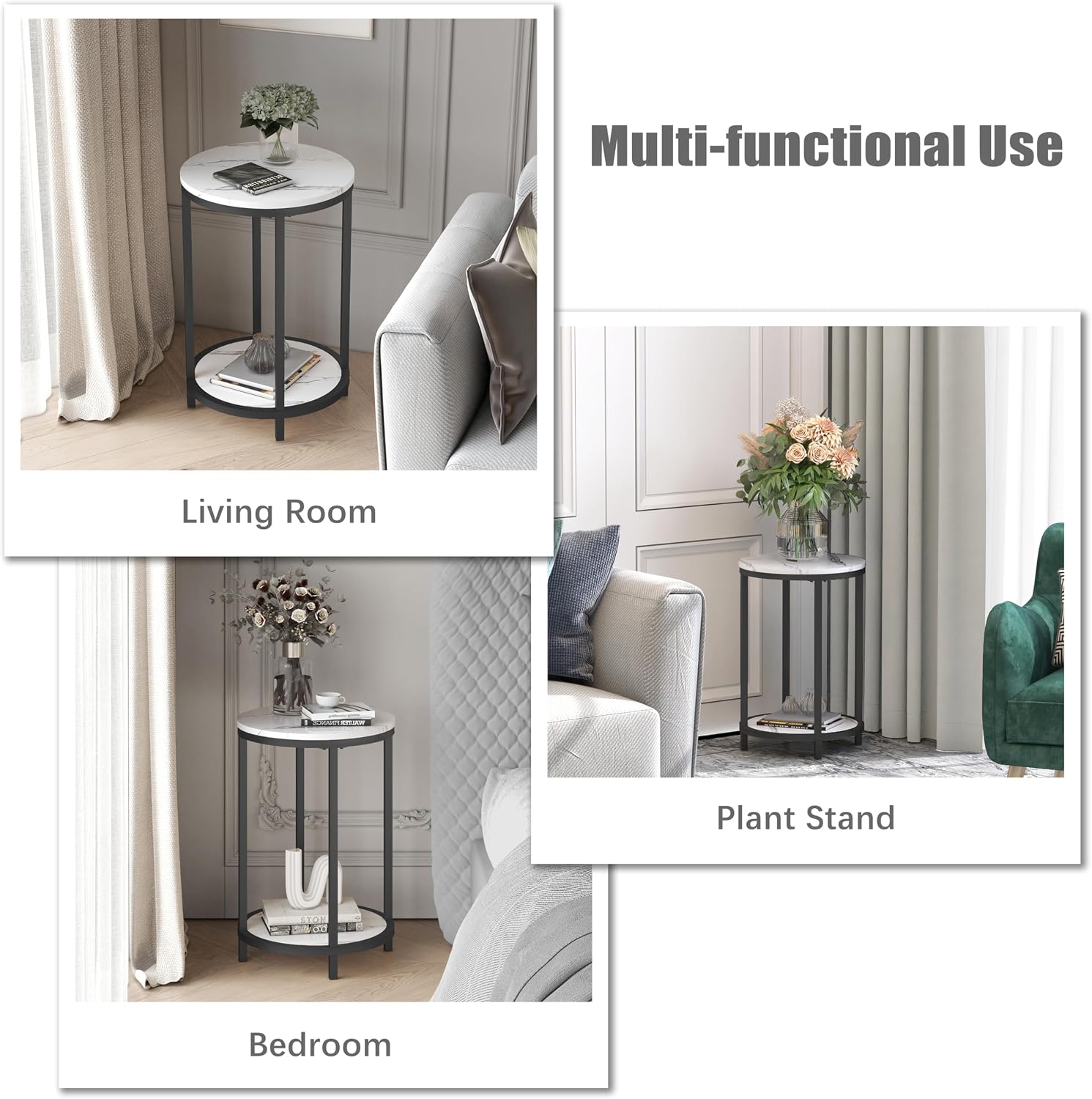WiberWi Round Side Table Set of 2, Modern Nightstand End Table with Metal Frame &Faux Marble Top, Accent Bedside Table for Living Room Bedroom Small Spaces with Storage Open Shelf,White