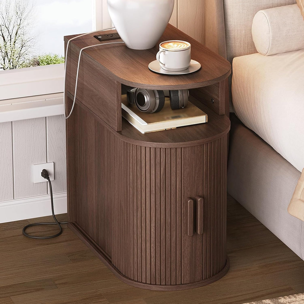 RALGEND Narrow End Table Set of 2,Fluted Sofa Side Table with Charging Station and Storage Shelf, Mid-Century Bedside Table, Modern Nightstand for Living Room,Bedroom,Walnut