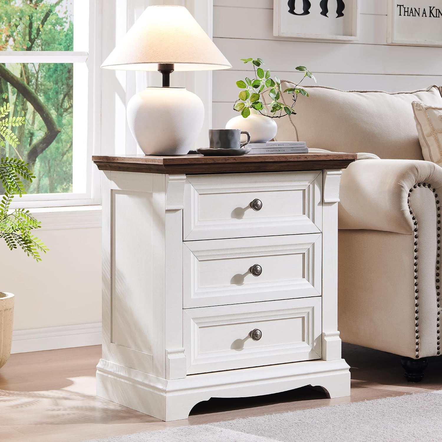 T4TREAM Farmhouse 26' Tall Nightstand with Charging Station, 23.6' End Table with 3 Drawers Storage, Wood Side Table w/Roman Column, Bedside Cabinet for Bedroom, Living Room, Antique White