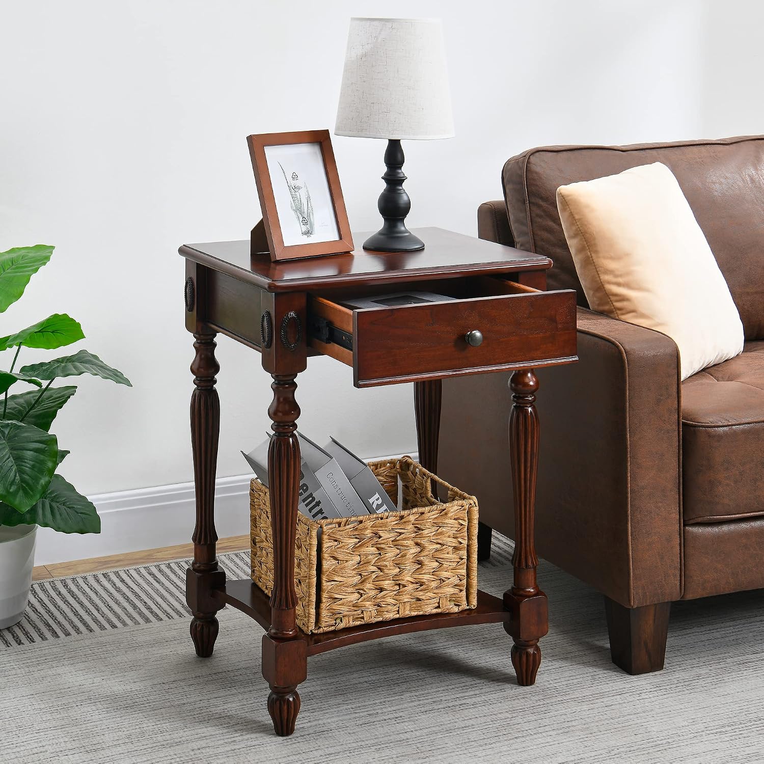 Solid Wood Side Table with Drawer and Storage Shelf, Traditional End Table, Narrow Telephone Nightstand, Carvings Elegant Vintage, for Living Room, Bedroom, Office Cherry Walnut GBJ1533WD