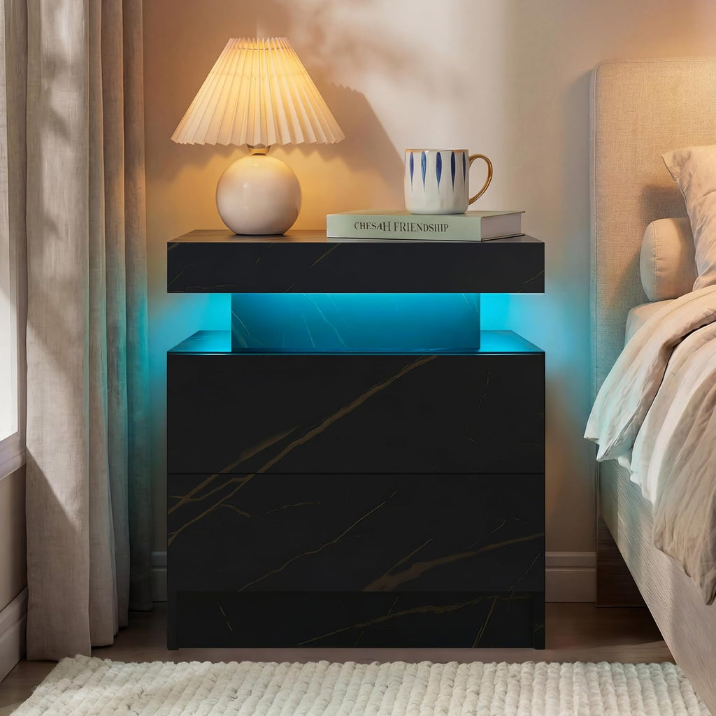 i-aplus LED Nightstand LED Bedside Table with 2 Drawers, Wooden Cabinet Unit with LED Lights for Bedroom, End Table Side Table for Bedroom Living Room…