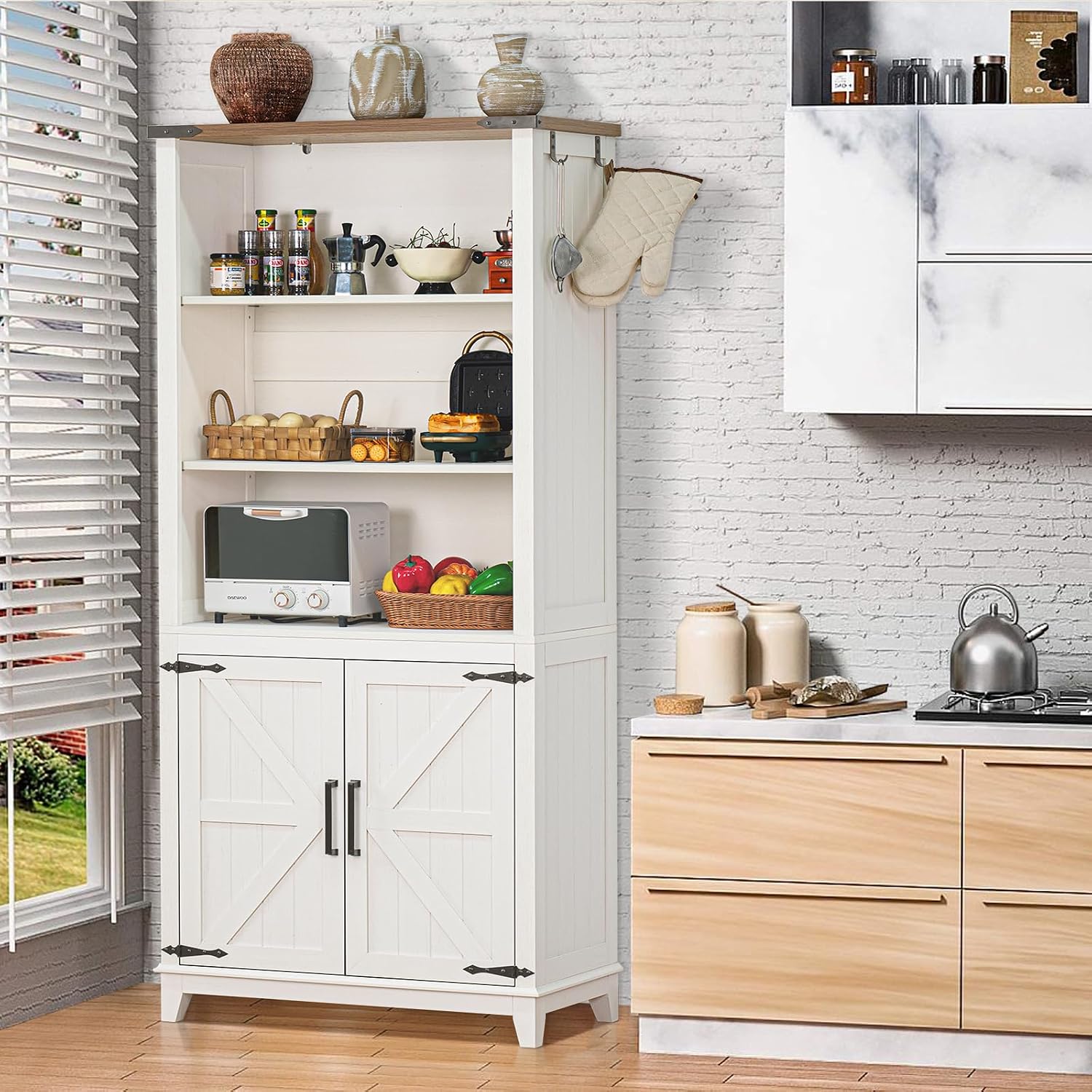 Joaxswe 5 Tier Bookshelf 70in Tall Bookcase with Barn Doors and Storage Cabinet, White Farmhouse Book Shelf with Adjustable Shelves, Wood Freestanding Display Bookshelves for Bedroom, Kitchen (2PCS)