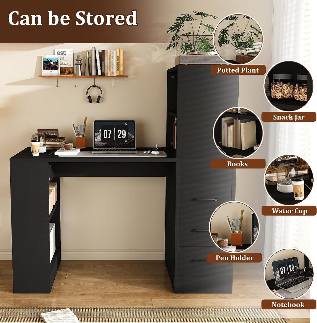 KEIKI L Shaped Computer Desk with 4-in-1 Charging Station, Office Desk with 3 Slide Drawers and 4-Tier Storage Shelves, Modern Wooden Corner Writing Desk for Home Office, Study, Bedroom, Black