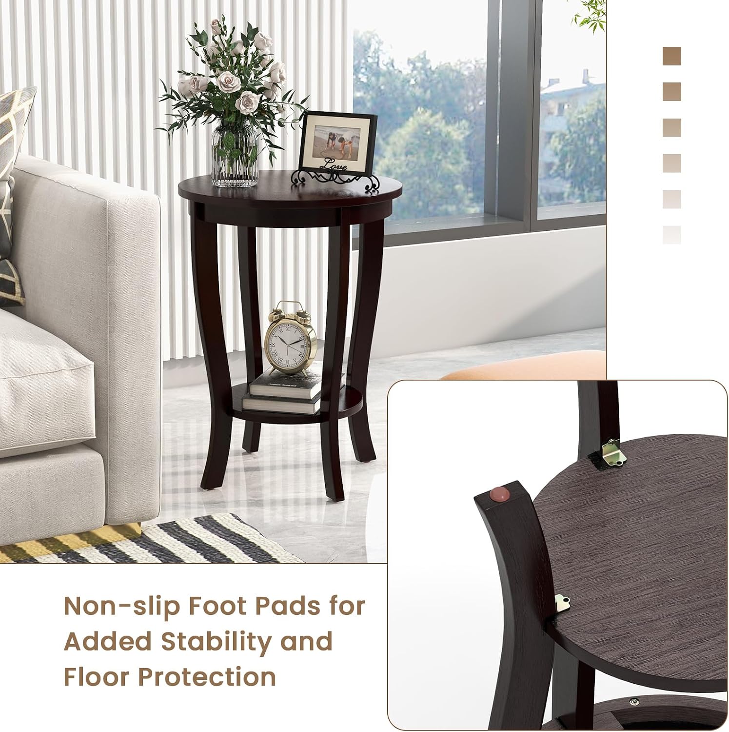 GOFLAME 2-Tier Round End Table Set of 2, 18' Sofa Side Table with Storage Shelf, Floor Tea Table with Solid Wood Legs, Compact Nightstand for Small Space, Living Room, Bedroom, Espresso
