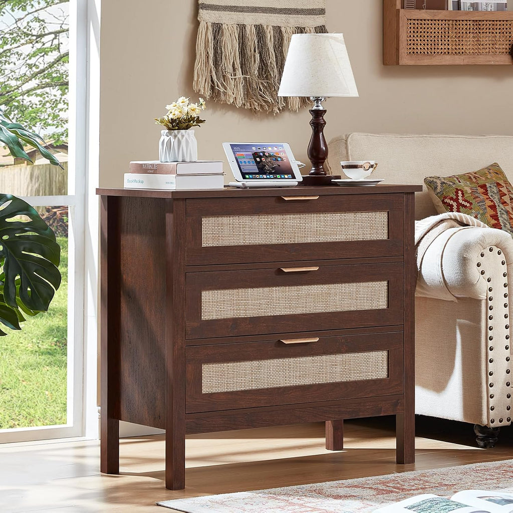LEYAOYAO 31.5' Wide Rattan Night Stand with Charger Station, Large Boho 3 Drawer Nightstand, Retro Walnut Bedside Table with Storage, 30' Tall Bed Side End Tables for Bedroom, Living Room, Hallway