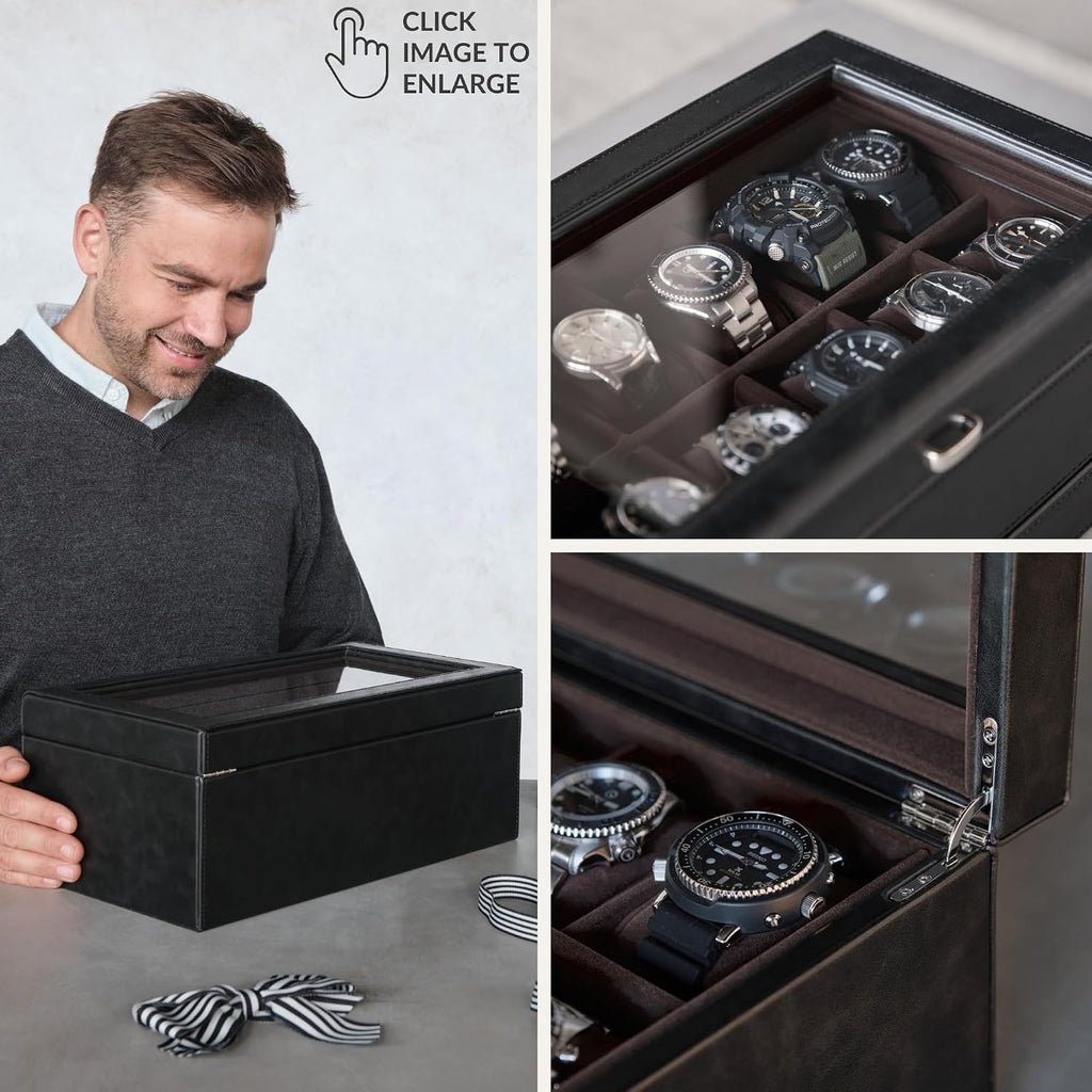TAWBURY 12 Slot Watch Box with Storage Drawer - Premium Black PU Leather Watch Box for Men | Easy One-hand Opening, Plush Velveteen Interior (Black/Charcoal)