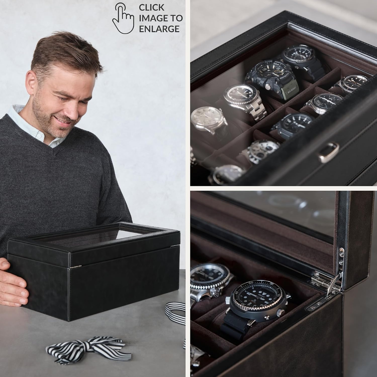 TAWBURY 12 Slot Watch Box with Storage Drawer - Premium Black PU Leather Watch Box for Men | Easy One-hand Opening, Plush Velveteen Interior (Black/Charcoal)