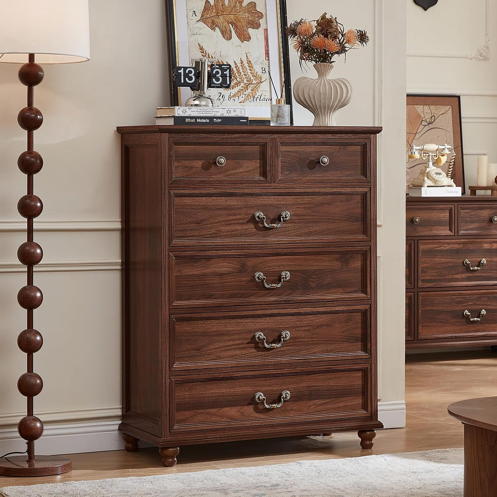 Joaxswe Farmhouse 6 Drawer Dresser Set of 2 for Bedroom, 42' Tall Rustic Chests of Drawers w/ 4 Solid Wood Feet, Mid Century Vintage Wooden Closet Storage Dressers Organizer for Living Room,Brown
