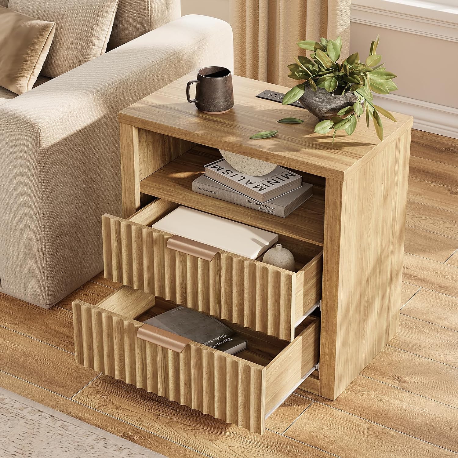 24' Fluted Night Stand Set of 2 with Charging Station, Wood Bedside Table with 2 Drawers and Open Shelf, Modern nightstand for Bedroom, Office, Natural Oak