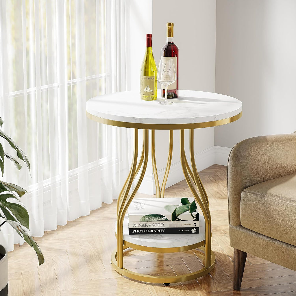 Tribesigns Round Side Table White Gold End Table Set of 2, 2-Tier End Table Modern Bedside Table Small Side Table with Storage Sofa Side Table with Metal Frame for Living Room
