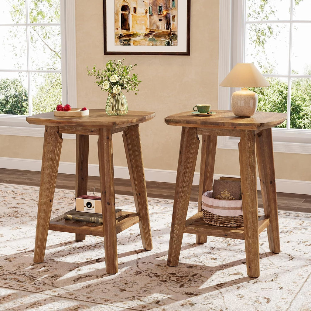 Square Side Table with 2-Tier Storage Shelf & Solid Wood Material, 19.68' Wood End Table for Living Room, Sofa Side, Small Spaces – Easy Assembly, Space-Saving Design (2PCS)