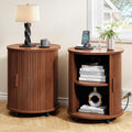 ONBRILL Round End Table Set of 2 with Charging Station, Mid Century Bedside Table with Sliding Door & 2 Tier Storage, Modern Nightstands Set of 2 for Living Room, Bedroom, Entryway, Walnut