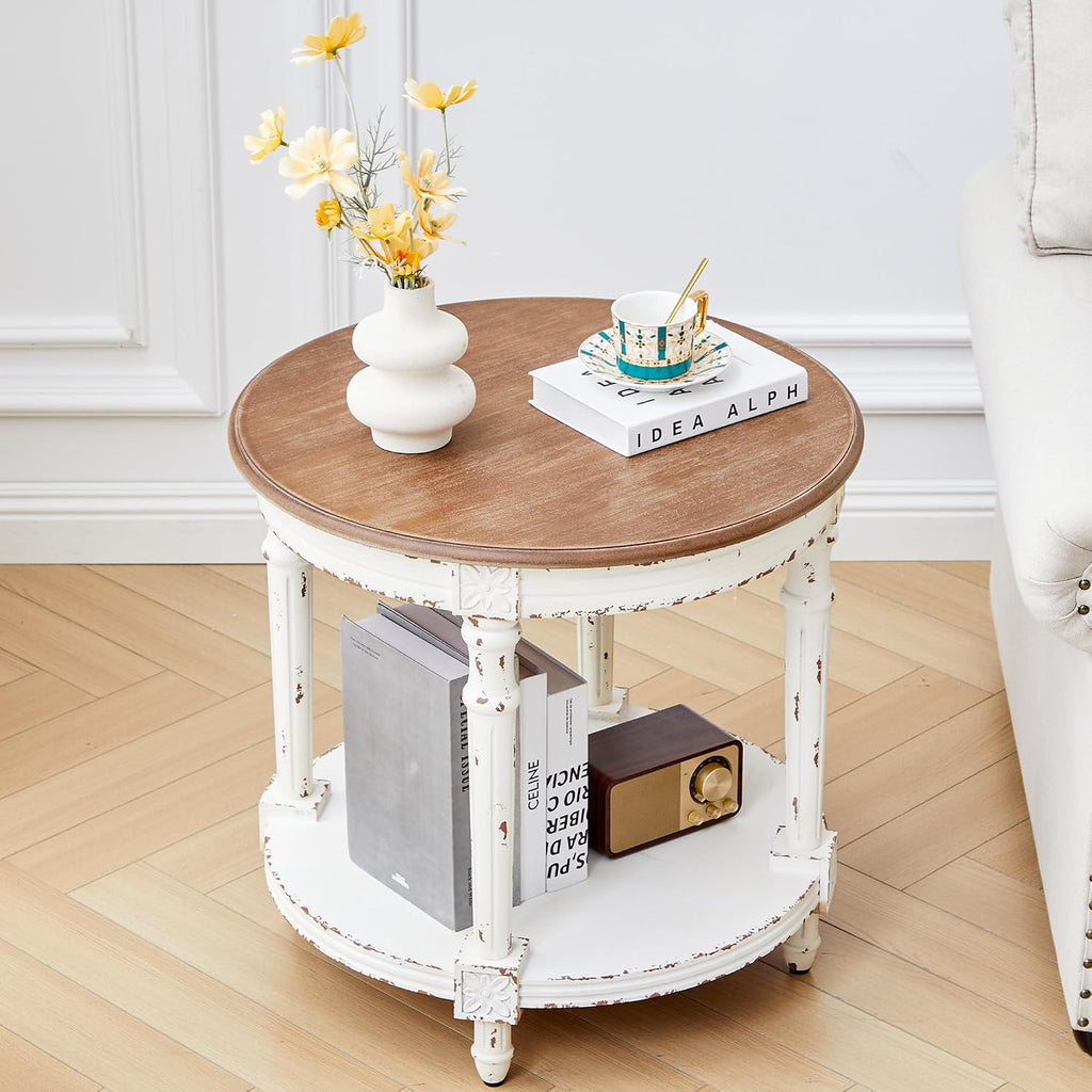 BERRYMERRY 23.6' French Country Two Tone Round End Table,Chipped White Vintage 2 Tier Side Table for Living Room Small Space,Easy Assembly (White 1 PC)