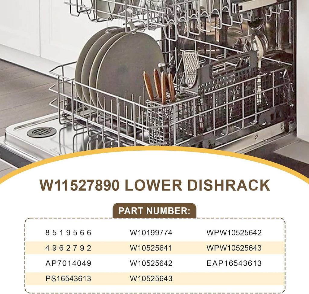 W11527890 Dishwasher Lower Dishrack Compatible with Whirlpool Kenmore Kitchen Aid Maytag replace 8519566 W10199774 W10525641 W10525642 W10525643 WPW10525642 WPW10525643