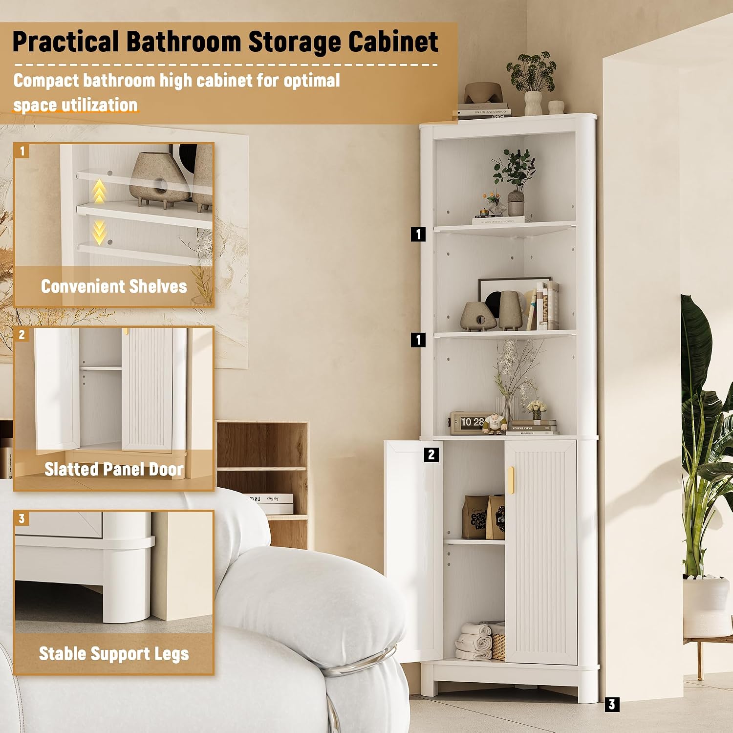 INNOD 69' Tall Corner Shelf with Doors, 6-Tier Corner Storage Cabinet with Doors, Space Saver Shelf for Bathroom, Bathroom Floor Cabinet for Living Room Kitchen, Hallway