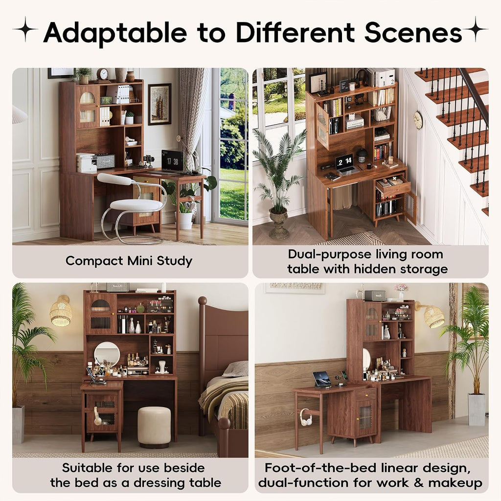 L Shaped Home Office Desks with 90° Rotating Retractable Desktop, Glass Door, Hutch, Drawers, Bookshelf & Storage Shelves, 43' Modern Gaming Computer Corner Table for Work, Study, Writing, Walnut