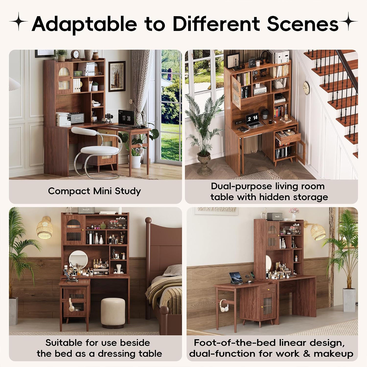 L Shaped Home Office Desks with 90° Rotating Retractable Desktop, Glass Door, Hutch, Drawers, Bookshelf & Storage Shelves, 43' Modern Gaming Computer Corner Table for Work, Study, Writing, Walnut