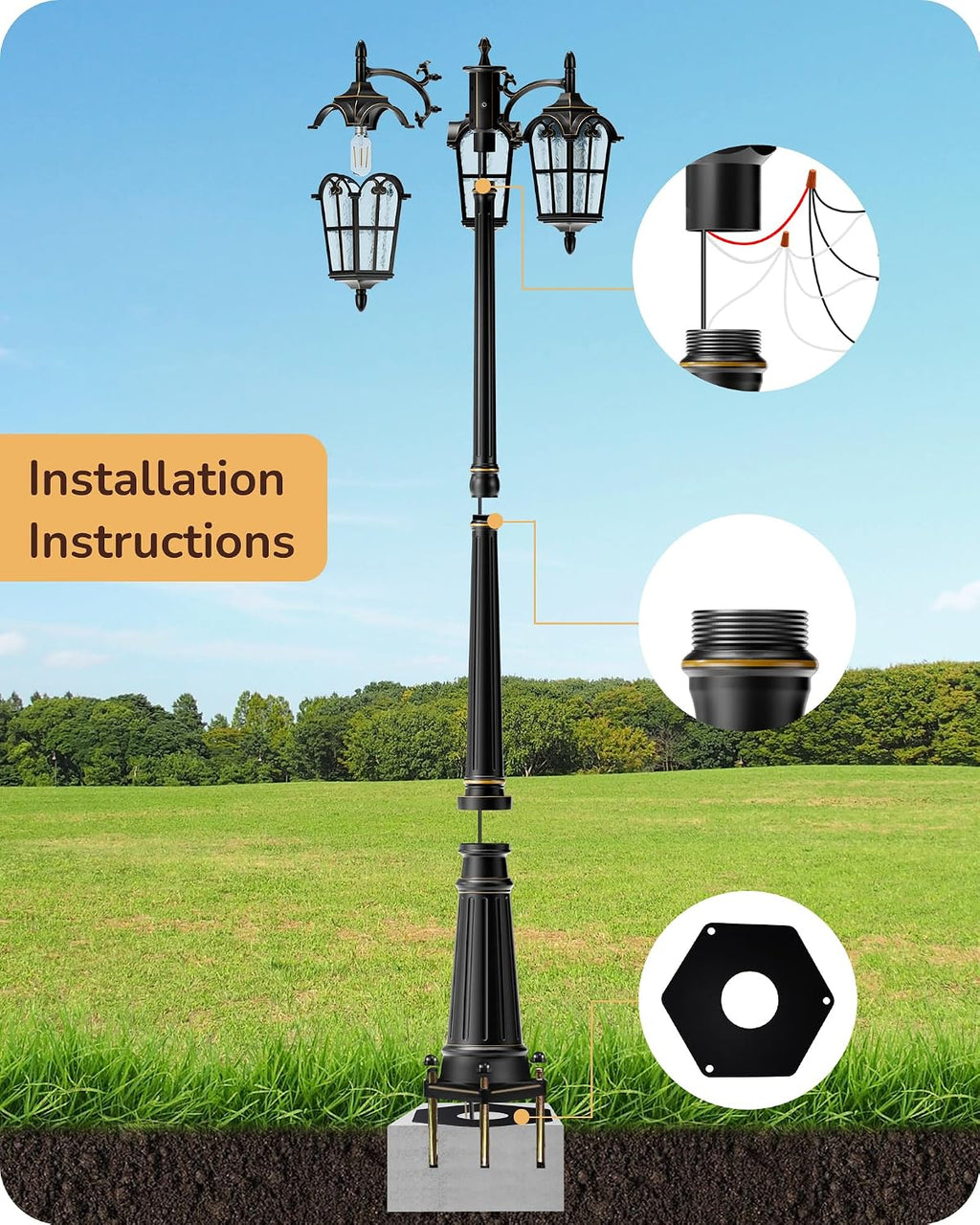 EDISHINE Outdoor Lamp Post Light 3-Head, Thickened Aluminum Dusk to Dawn Street Light Post with Water Ripple Glass, Retro Roman Pole Lighting Fixture for Backyard Garden Patio Driveway