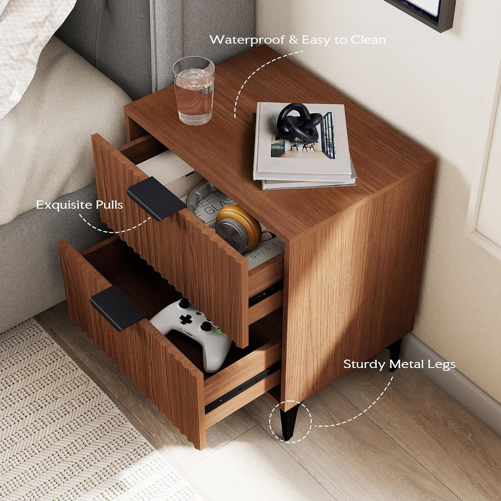 SUNWAVE Walnut Fluted Nightstand Set of 2, Modern Night Stands with 2 Drawers, Bedside Table for Twin/Full/Queen Bed, End Table with Robot-Friendly Metal Legs for Bedroom, Living Room