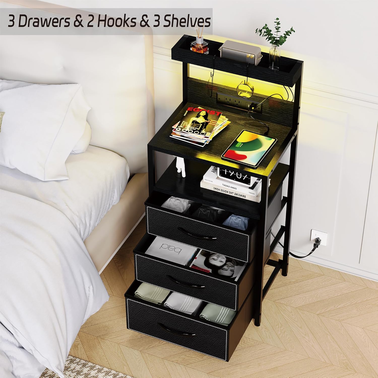 SZLHANJZ Night Stand Set 2 with LED Lights, Bedroom Nightstands with Power Outlet and Type C Port, Bed End Tables with 3 Fabric Drawers, Matching Bedside Tables with Hooks and Shelves, Black