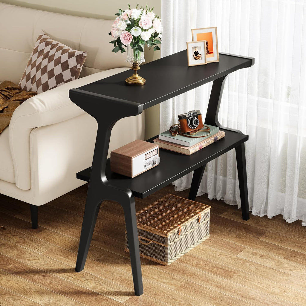 Tribesigns Set of 2 Solid Wood End Table, Modern Side Table for Couch, 2-Tier Narrow Tall End Table, Long Bedside Table for Living Room, Bedroom, Black