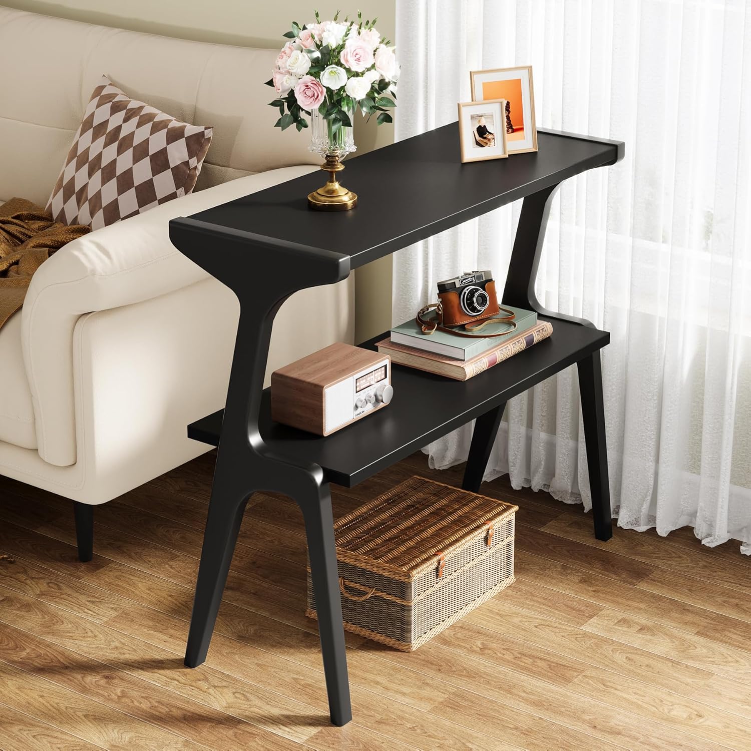Tribesigns Set of 2 Solid Wood End Table, Modern Side Table for Couch, 2-Tier Narrow Tall End Table, Long Bedside Table for Living Room, Bedroom, Black
