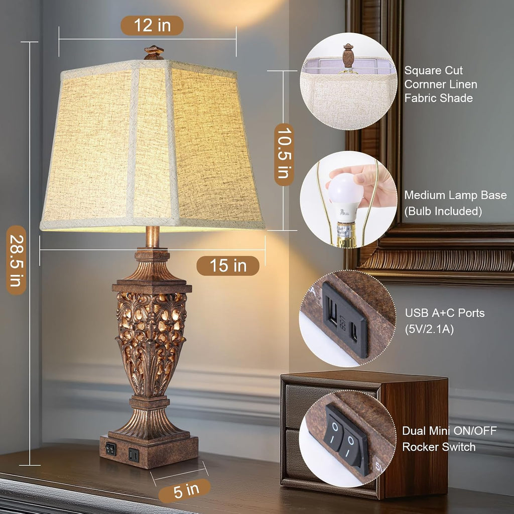28.5' Vintage Bronze Table Lamps Set Of 2 with Night Light,Lamps for Nightstand with Beige Linen Cut Corner Shade,Bedside Lamp with USB A+C Ports for Bedrooms,Living Room,Office,Hotel(Bulb Included)
