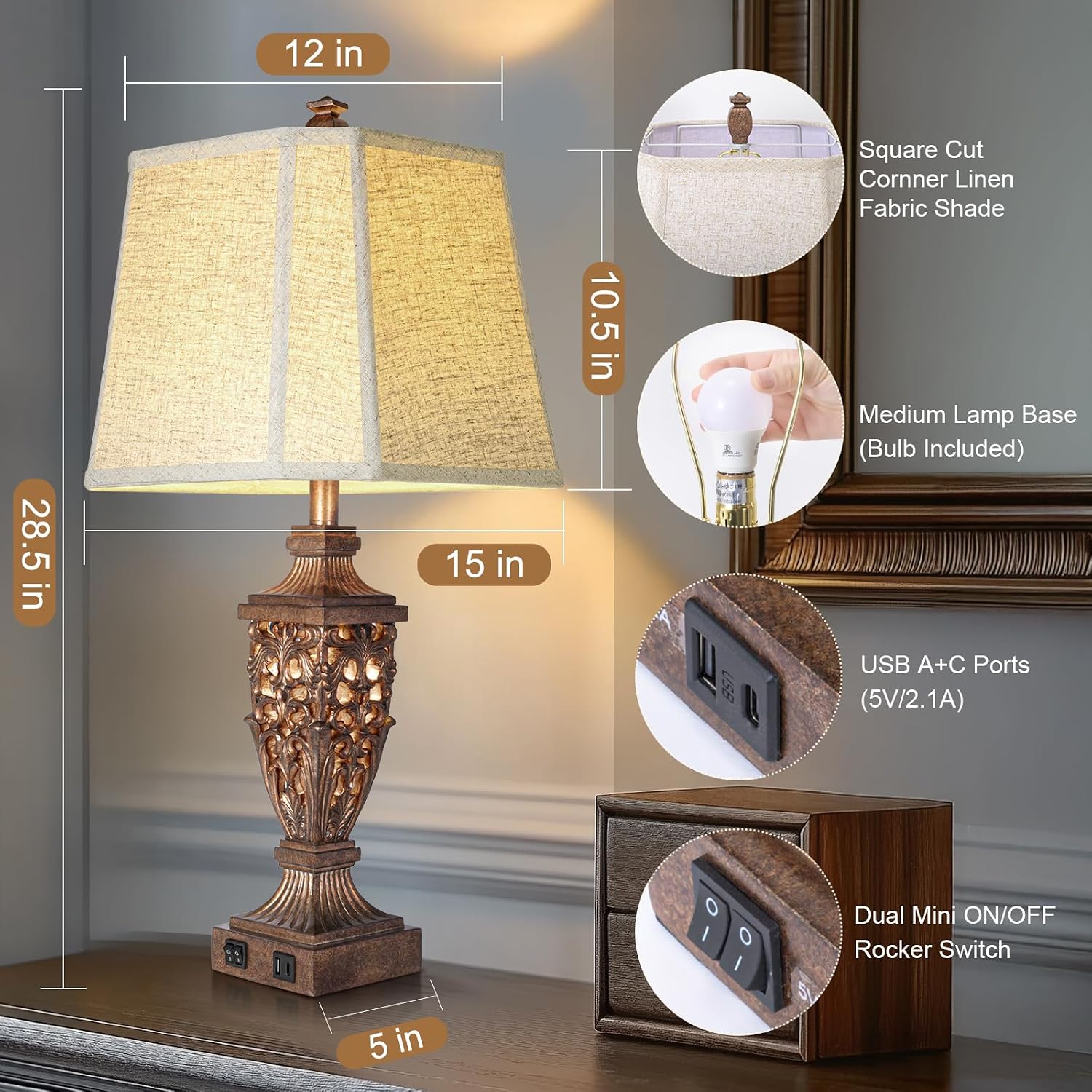 28.5' Vintage Bronze Table Lamps Set Of 2 with Night Light,Lamps for Nightstand with Beige Linen Cut Corner Shade,Bedside Lamp with USB A+C Ports for Bedrooms,Living Room,Office,Hotel(Bulb Included)