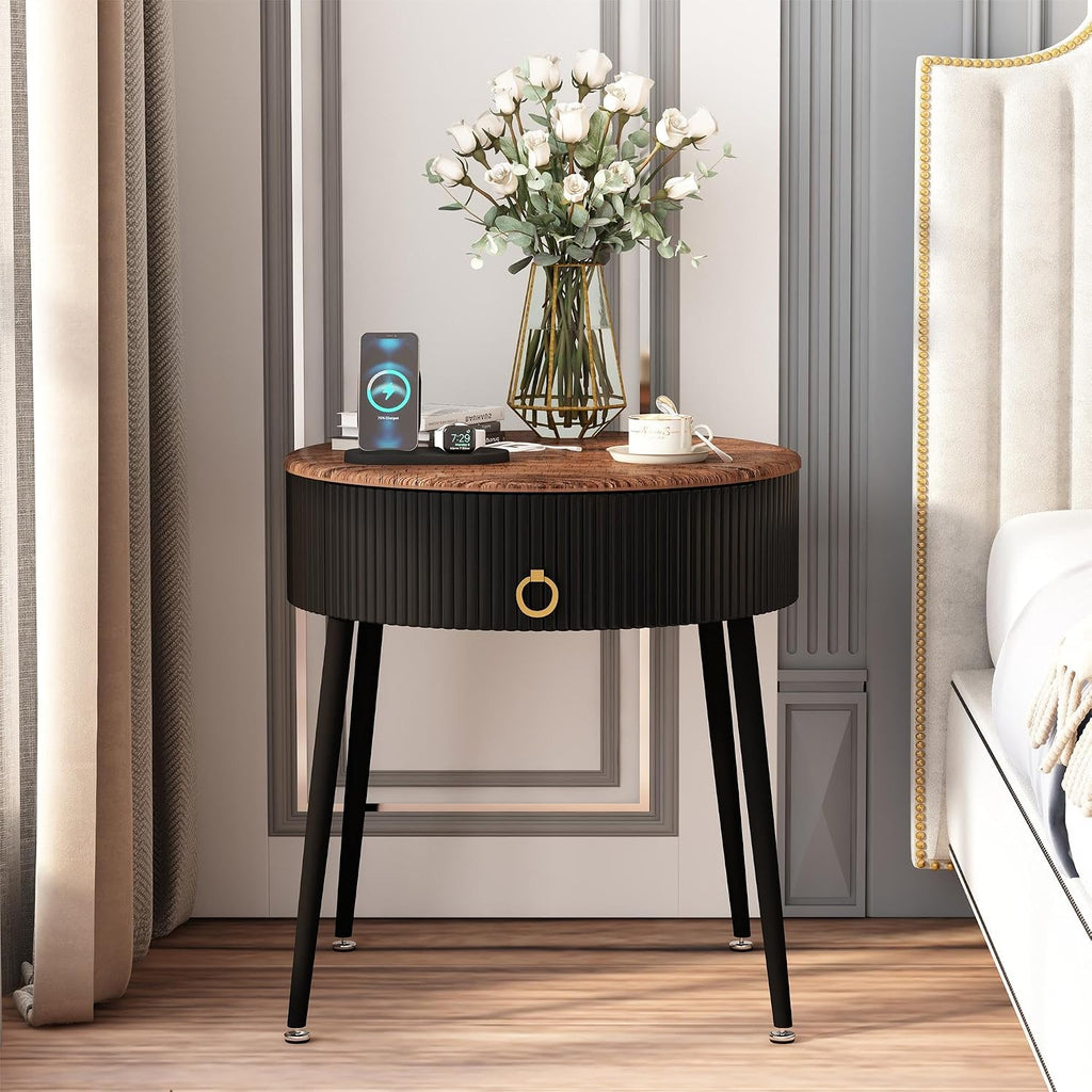 OIOG Side Tables Set of 2, Round Nightstand with Drawer, Modern Bedside End Tables for Small Space, Living Room, Bedroom, Office, Dorm, Rustic Brown and Black