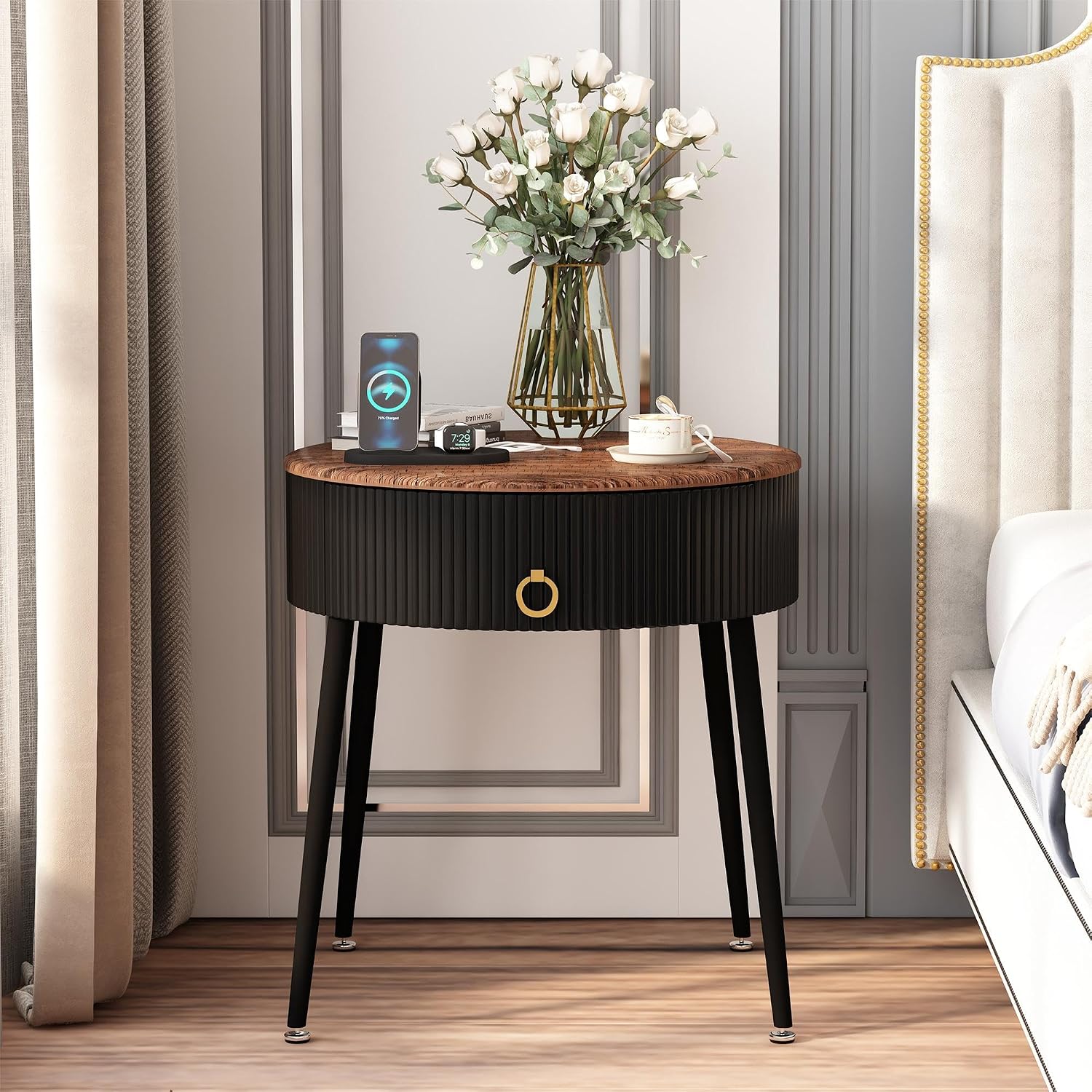 OIOG Side Tables Set of 2, Round Nightstand with Drawer, Modern Bedside End Tables for Small Space, Living Room, Bedroom, Office, Dorm, Rustic Brown and Black