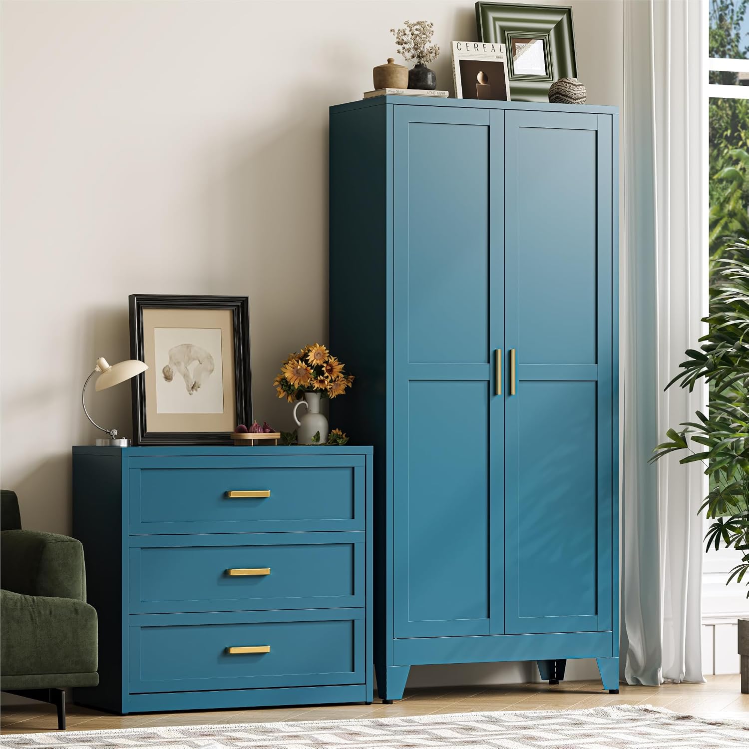 Baborokic 71H Tall Metal Storage Cabinet with 2 Doors and Adjustable Shelves,Kitchen Pantry Storage Cabinets,Tall Freestanding Cupboard for Bathroom,Office,Dining Room,Living Room Blue
