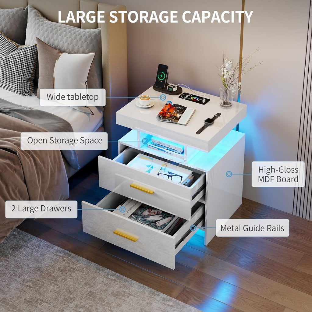 Smart Night Stand Set of 2 with Charging Station, Modern White Nightstand with 24 Color Lights and 2 Drawers, LED Bedside Tables with Auto Senor,High Gloss End Side Table for Bedroom