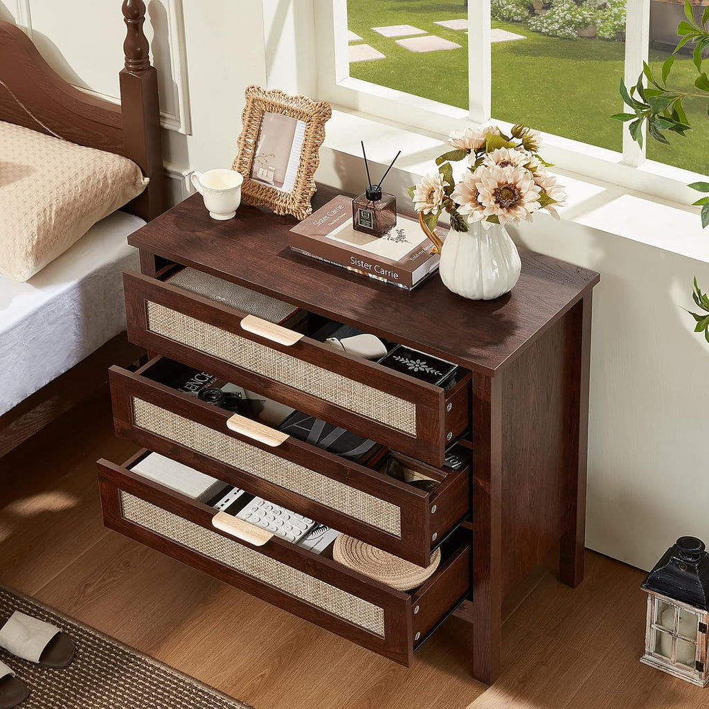LEYAOYAO 31.5' Wide Rattan Night Stand, Large Boho Nightstand, Bedside Table with Storage, Tall Bed Side End Tables, Chest of Drawers for Bedroom, Living Room, Hallway（Walnut,3 Drawers,2）