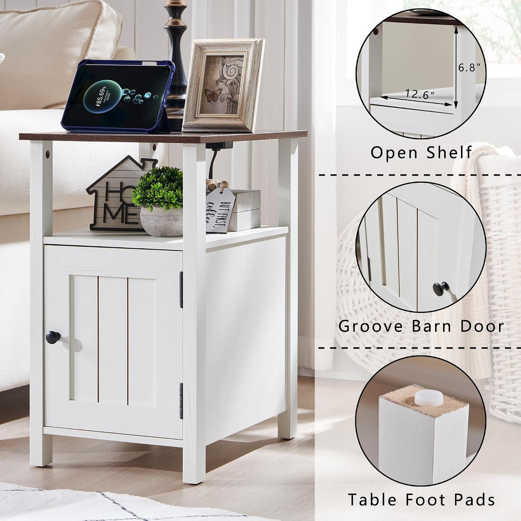 IFGET Farmhouse Nightstand Set of 2, End Table with Charging Station, Rustic Side Table w/Barn Door & Open Shelves, Bedside Table w/Storage Space and Storage Cabinet for Bedroom, Living Room (White)