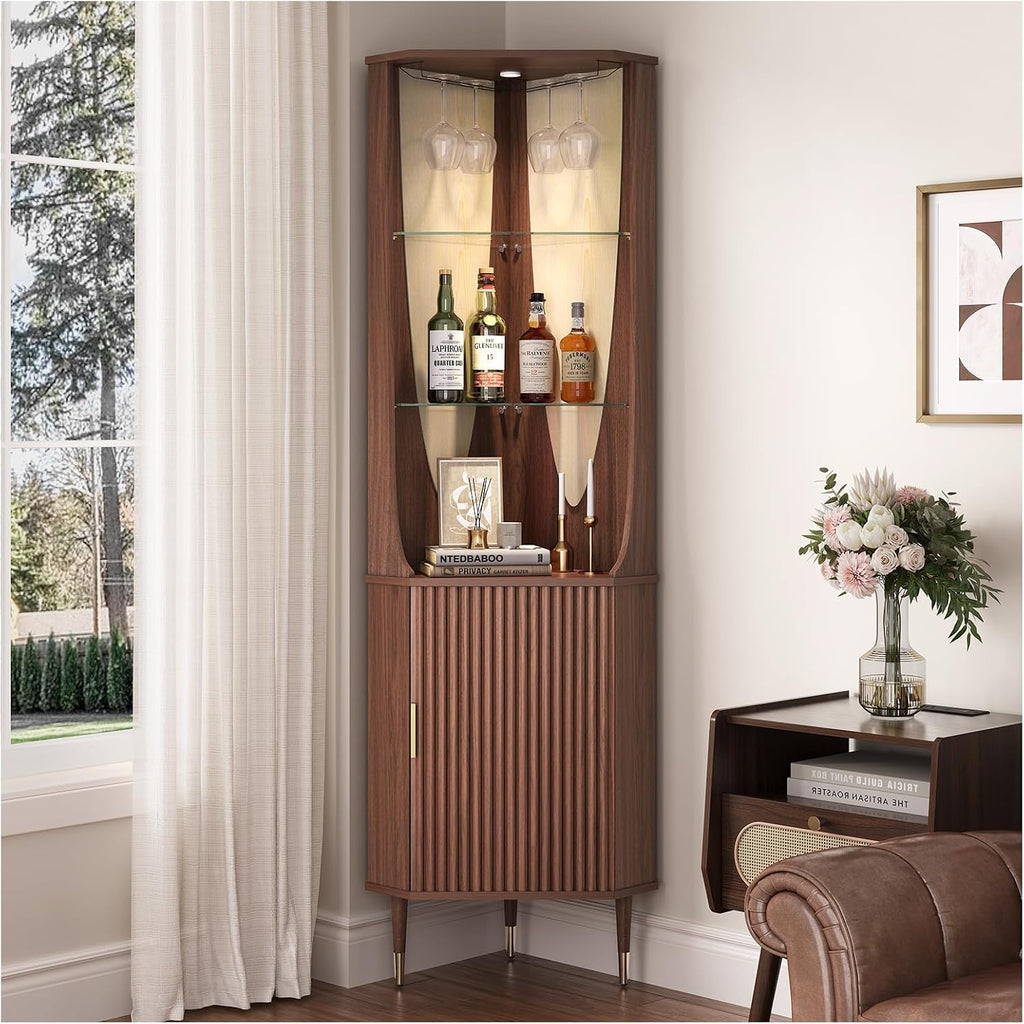 JOINICE 70' Tall Corner Bar Cabinet, Mid-Century Modern Fluted Storage Cabinet with Glass Shelves, Door & LED Lighting, Space-Saving Liquor Cabinet for Living Room, Kitchen, or Dining Room, Walnut