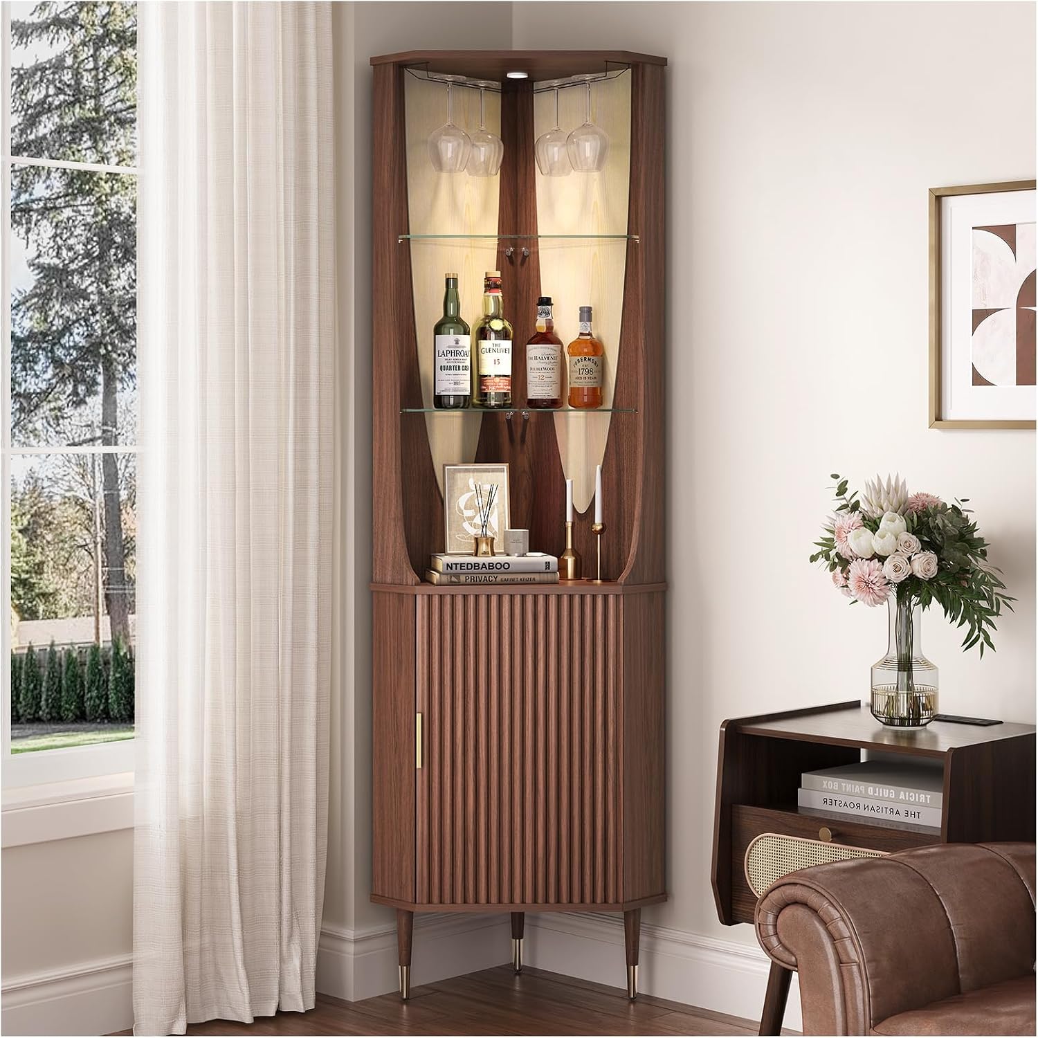 JOINICE 70' Tall Corner Bar Cabinet, Mid-Century Modern Fluted Storage Cabinet with Glass Shelves, Door & LED Lighting, Space-Saving Liquor Cabinet for Living Room, Kitchen, or Dining Room, Walnut