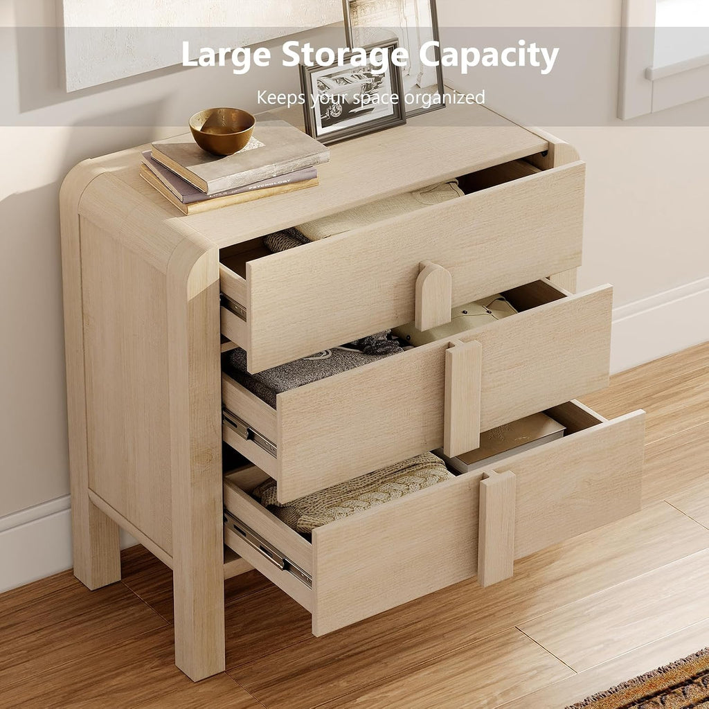 WAMPAT Nightstands Set of 2, Large Nightstands with 3 Drawers, 31.5' Tall Wooden End Tables with Storage, Modern Beige Nightstands Bedside Tables with Curved Design for Bedroom