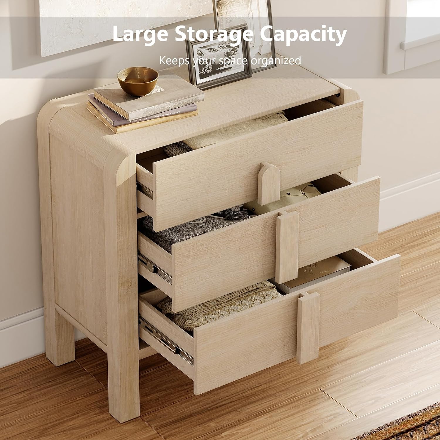 WAMPAT Nightstands Set of 2, Large Nightstands with 3 Drawers, 31.5' Tall Wooden End Tables with Storage, Modern Beige Nightstands Bedside Tables with Curved Design for Bedroom