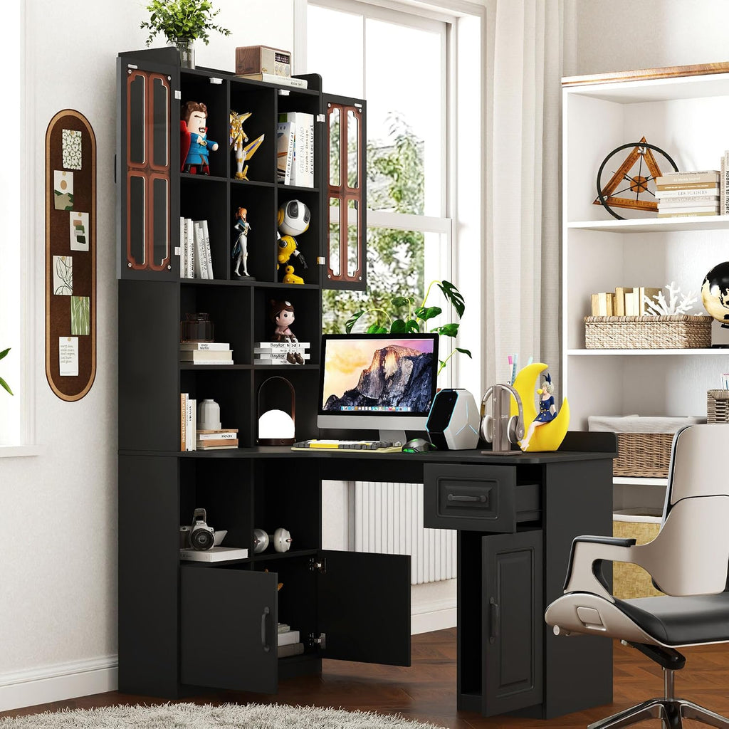 l Shaped Desk with Hutch & Drawers, Small Corner Desks for Small Space Home Office, Farmhouse Desk and Bookshelf Combo with Storage (Black)
