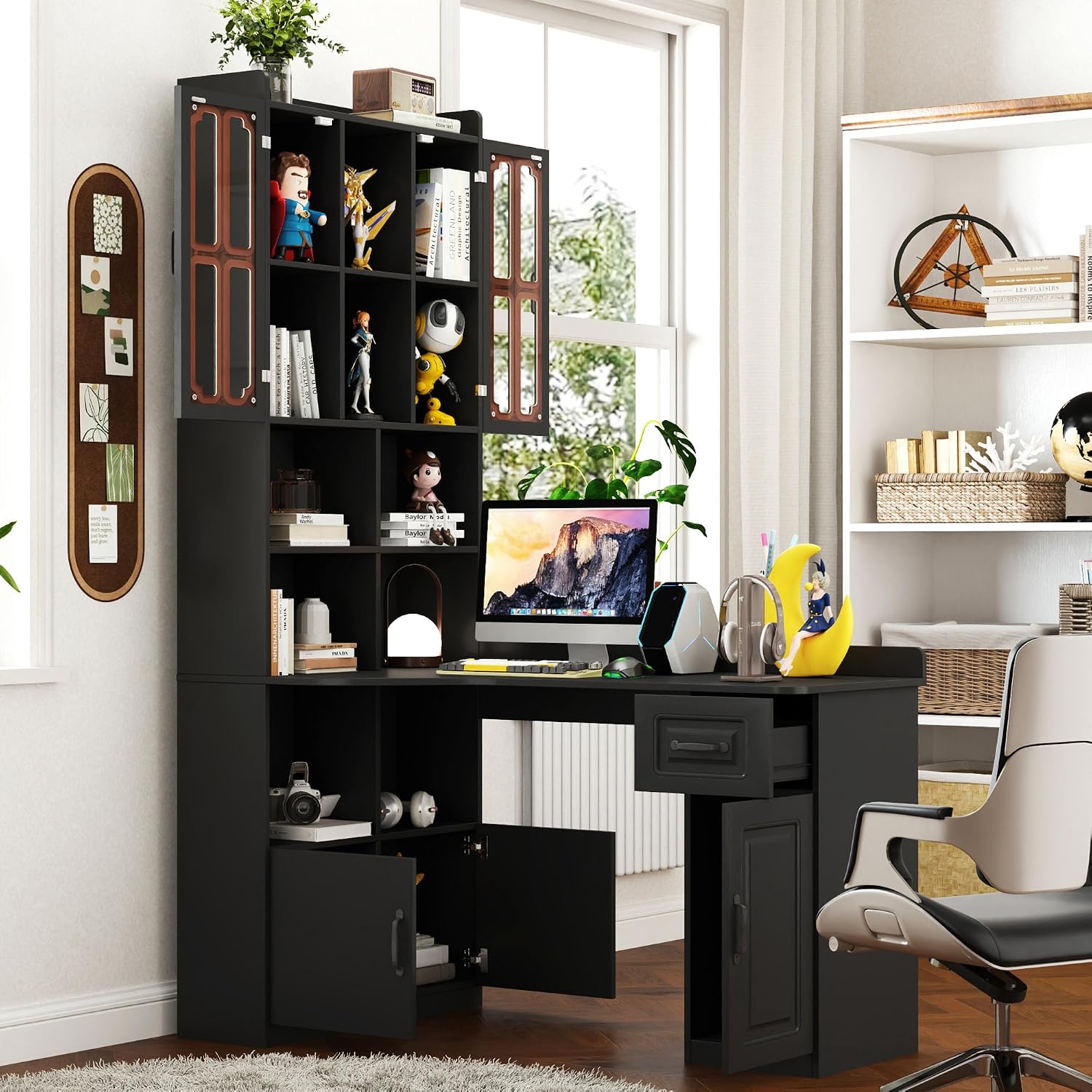 l Shaped Desk with Hutch & Drawers, Small Corner Desks for Small Space Home Office, Farmhouse Desk and Bookshelf Combo with Storage (Black)