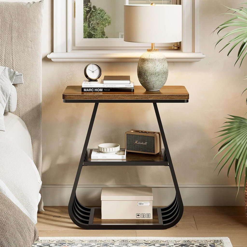 LITTLE TREE End Table for Living Room, 3-Tier Side Table for Small Spaces, Industrial Narrow Side Table with Storage Shelf in Oak Brown and Black (Set of 2)