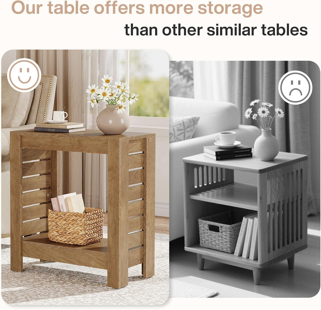 Tribesigns Narrow Side Table Set of 2, 2-Tier Farmhouse Wooden End Table with Storage Shelf, Skinny Accent Nightstand for Living Room, Bedroom and Office, Easy Assembly (2)