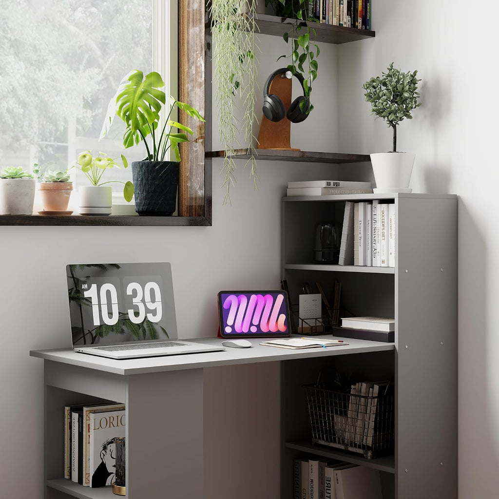 HOMCOM Modern Home Office Desk with 6-Tier Storage Shelves, 47' Writing Desk with Bookshelf, Gray