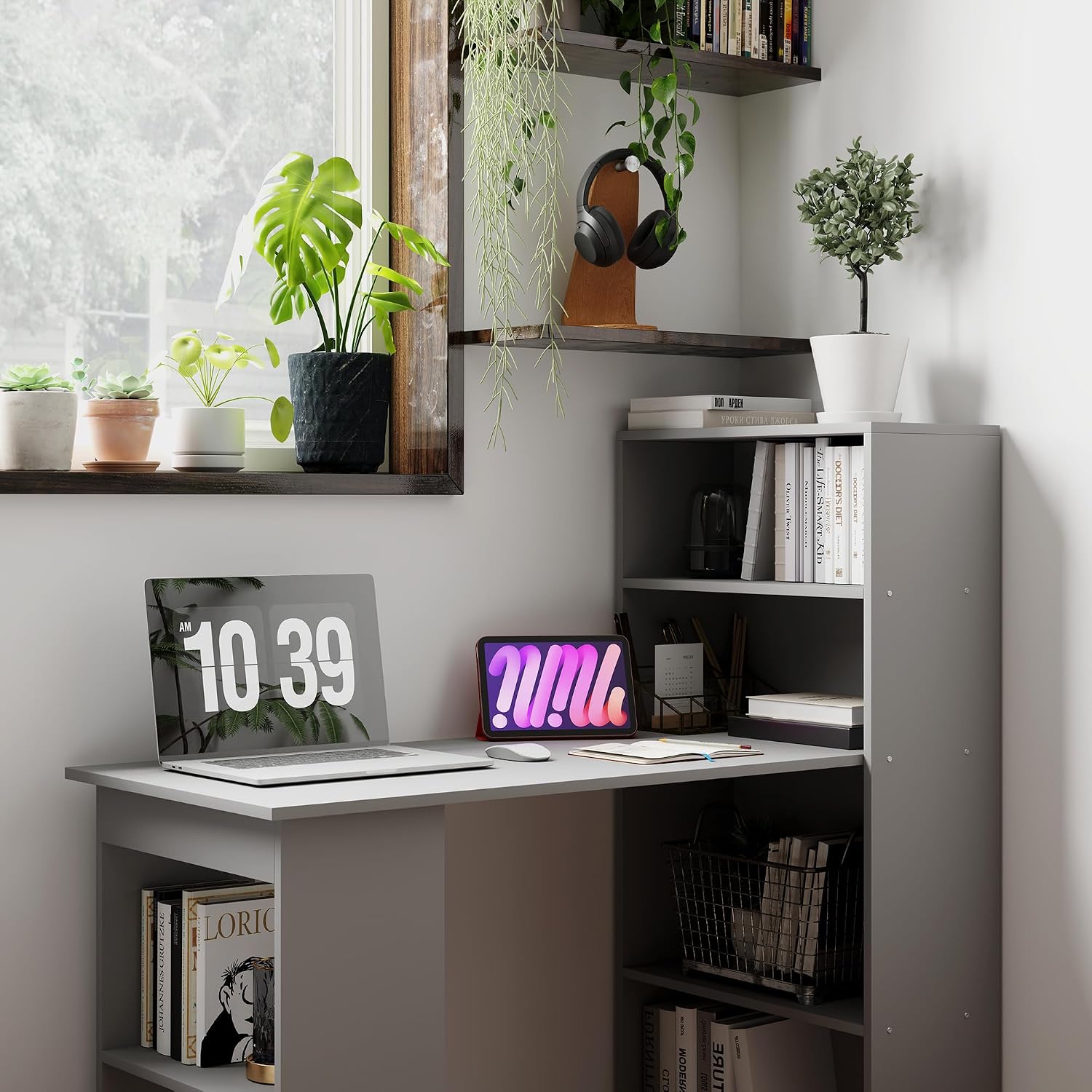 HOMCOM Modern Home Office Desk with 6-Tier Storage Shelves, 47' Writing Desk with Bookshelf, Gray